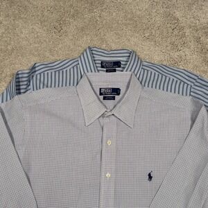 VTG Polo Ralph Lauren Andrew Mens 17.5 35 Blue Striped Check Cotton Shirt Lot 2